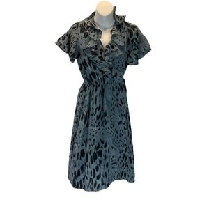 Tucker Sz SM 100% Silk Leopard Blue‎ wrap Dress flutter front sleeves flowy